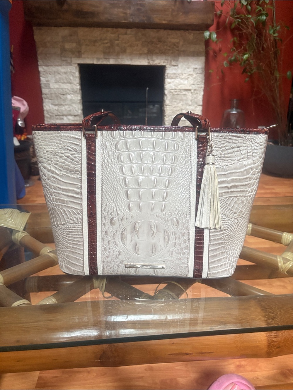 Brahmin Cream and Brown Croc-Embossed Tote with Tassel - Picture 7 of 8